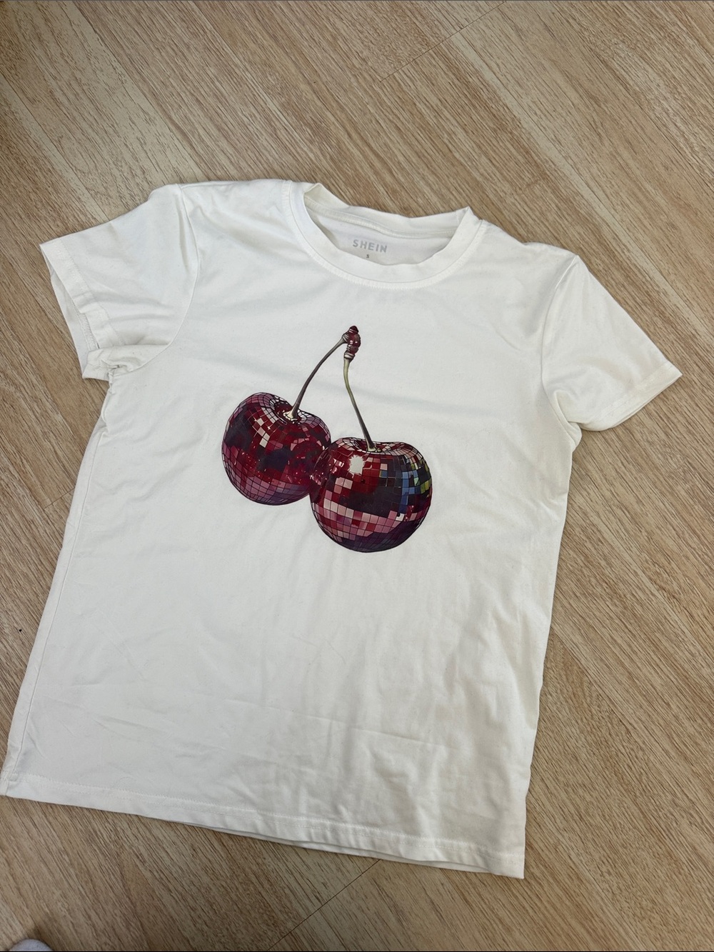 SHEIN White Tee with Red Cherry Disco Graphic